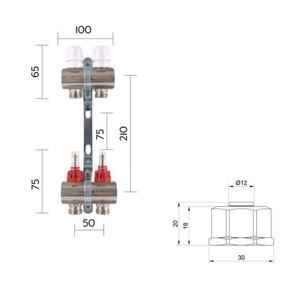 Комплект: Thermo Alliance Standart Колектор латунний з витратомірами 1"х2 SD235W2 + SD Євроконус 3/4''х16&times;2 SD346 SD00055007 фото