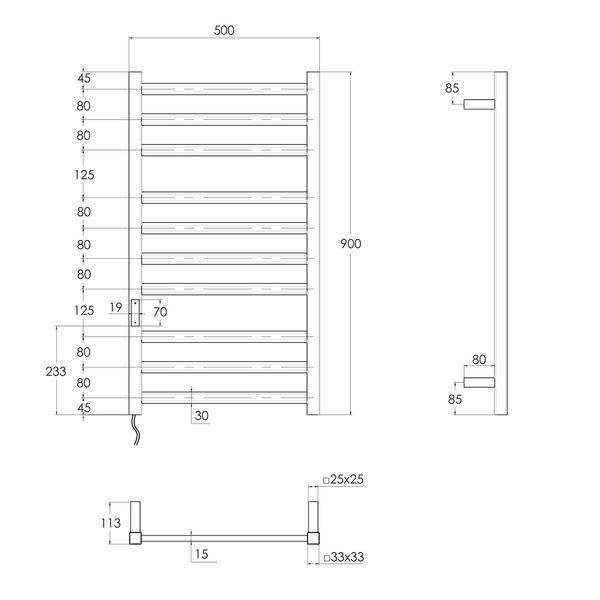 i-HEAT рушникосушарка електро, 120W, 500 * 900мм, AISI 304, 10п. (3-4-3) напівовал, стійки квадрат, таймер, терморегулятор, сталь сатин, лівий 80403 фото
