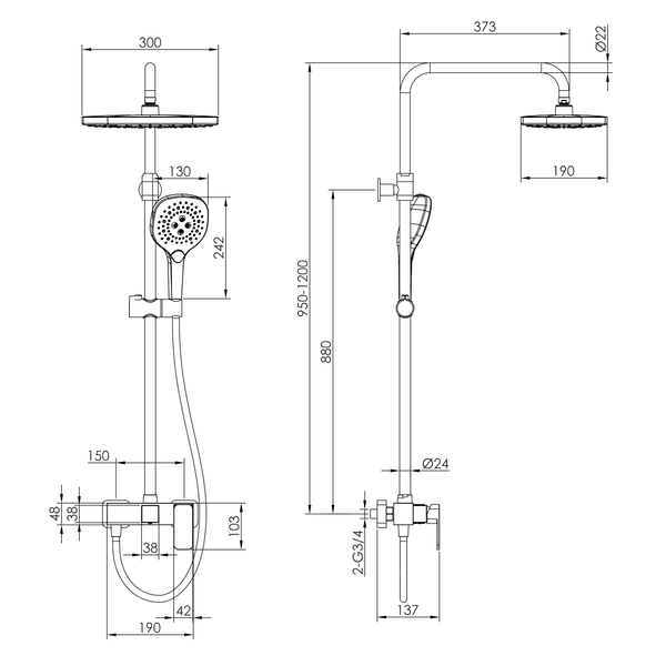 BILOVEC система душова (змішувач для душу, душ 300*190 мм ABS, лійка 3 режими, шланг 1500 мм PVC), чорний матовий 83982 фото