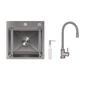 Акционный набор Lidz: мойка H4545 Decor 2,5/0,5 мм + Смеситель Aria для кухни с гибким изливом (k35) Grey SD00057347 фото
