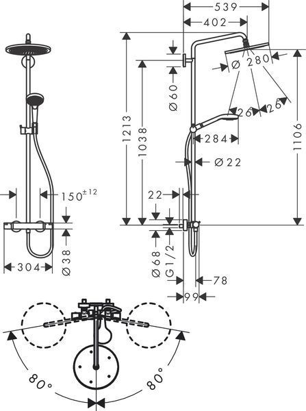 CROMA SELECT S душова система Showerpipe 280, 1jet, з термостатом, з ручним душем Raindance Select S 120, 3jet, шліфований чорний хром 78972 фото
