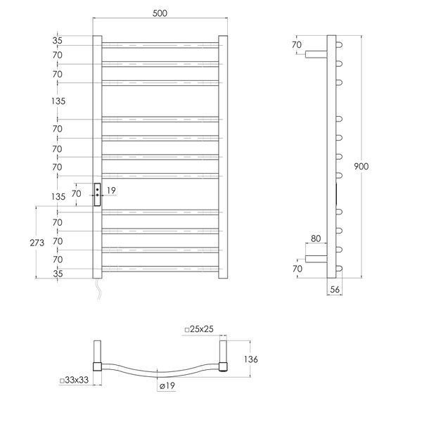 i-HEAT рушникосушарка електро, 120W, 500 * 900мм, AISI 304, 11п. (4-4-3) коло, стійки квадрат, таймер, терморегулятор, білий глянець, лівий 80405 фото