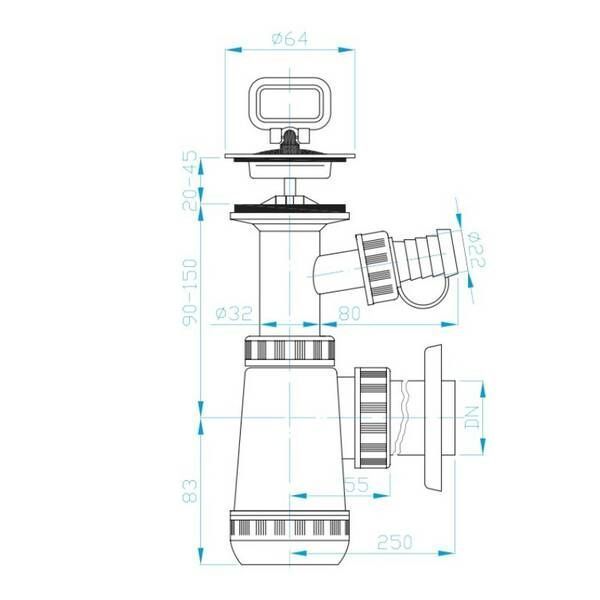 Cифон для раковины Devit DV1N332 пластиковый с накладкой и выходом для стиральных машин, выпуск 32 мм, хром 587898 фото