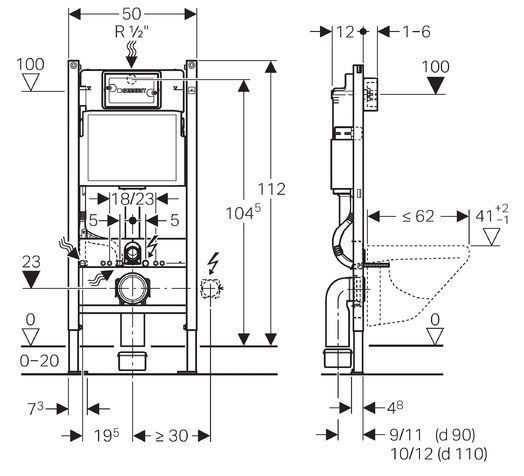 Geberit Duofix монтажный элемент для подвесного унитаза, H112, c встроенным бачком Delta 12см, для смываемых клавиш 51335 фото