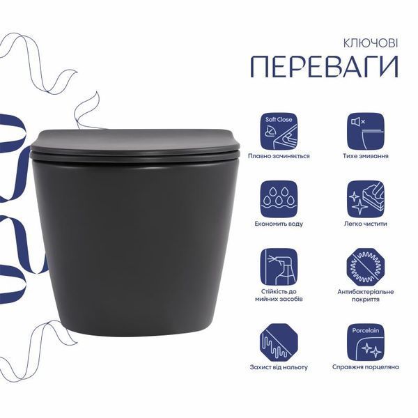 Унитаз подвесной Qtap Robin Ultra Quiet 520&times;365&times;340&nbsp;мм, Anthracite, с сиденьем Slim Duroplast / Soft-close / Quick Release QTROB26AN48995 SD00055119 фото