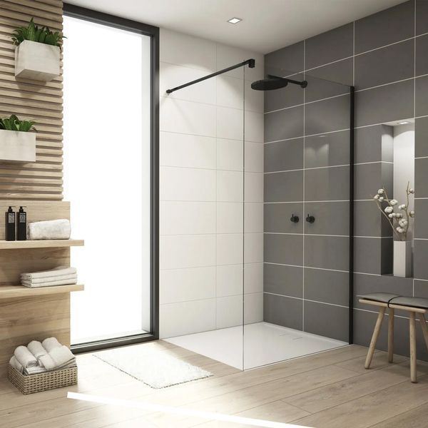 STR4PA61000607 WALK-IN EASY Душова фіксована перегородка 1000*2000, скло 6 мм, прозоре, профіль чорний мат (1 сорт) 581935 фото