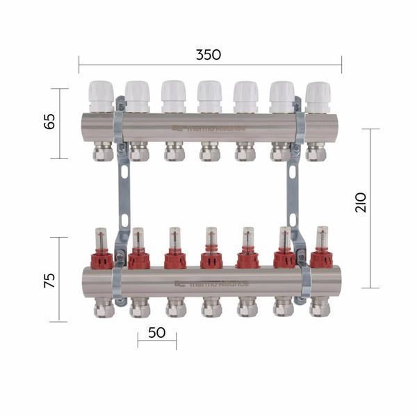 Коллектор латунный с расходомерами и евроконусами Thermo Alliance Standart 1" на 7 выходов TAS235W7E SD00055270 фото
