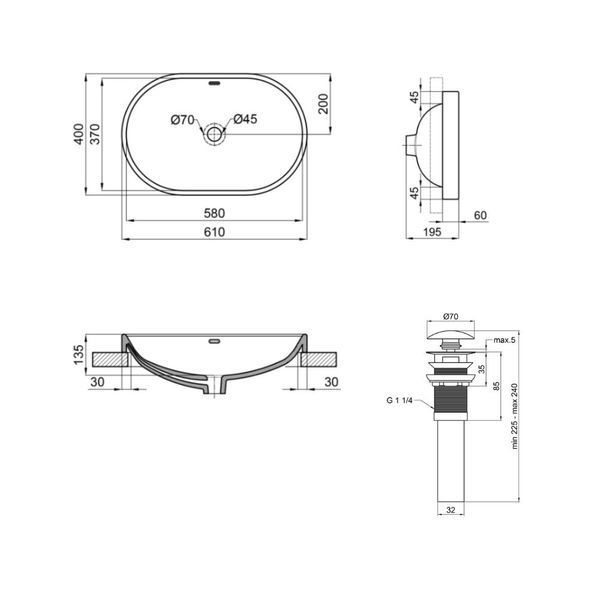 Комплект Qtap Leo: Раковина врізна овальна 590x400x170 мм White + Донний клапан PU02O SD00053416 фото