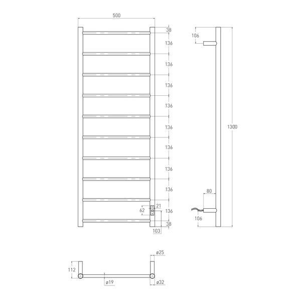 AQUA RONDA електрична рушникосушарка R, прихований монтаж, 120W, 500*1300мм, сталь 304, 10 перемичок кол, таймер, термостат 70&deg;С, de la noche 80430 фото