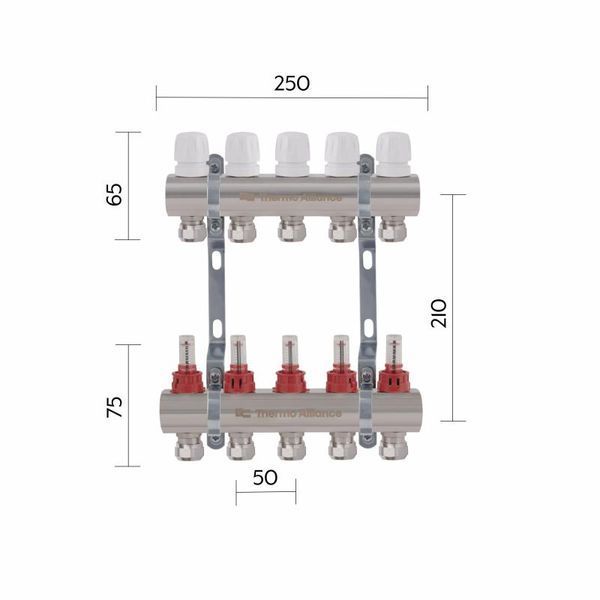 Коллектор латунный с расходомерами и евроконусами Thermo Alliance Standart 1" на 5 выходов TAS235W5E SD00055266 фото