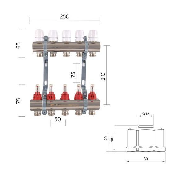 Комплект: Thermo Alliance Standart Колектор латунний з витратомірами 1"х5 SD235W5 + SD Євроконус 3/4''х16&times;2 SD346 SD00055010 фото