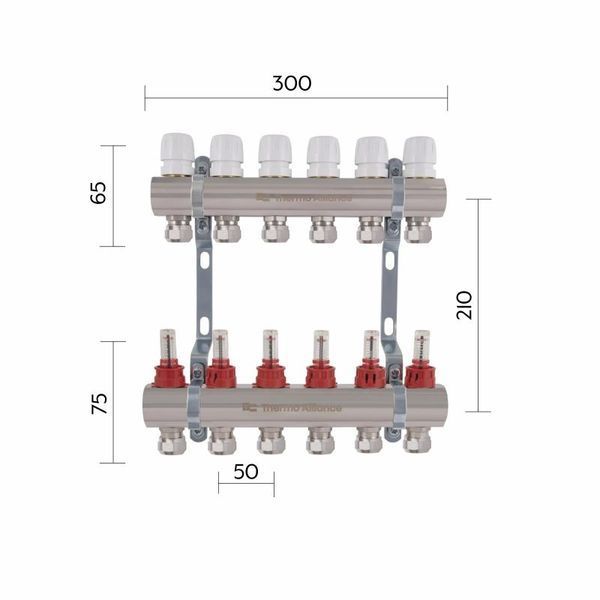 Коллектор латунный с расходомерами и евроконусами Thermo Alliance Standart 1" на 6 выходов TAS235W6E SD00055267 фото
