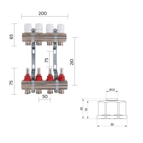 Комплект: Thermo Alliance Standart Колектор латунний з витратомірами 1"х4 SD235W4 + SD Євроконус 3/4''х16&times;2 SD346 SD00055009 фото