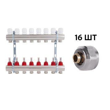 Комплект: Thermo Alliance Standart Колектор латунний з витратомірами 1"х8 SD235W8 + SD Євроконус 3/4''х16&times;2 SD346 SD00055013 фото