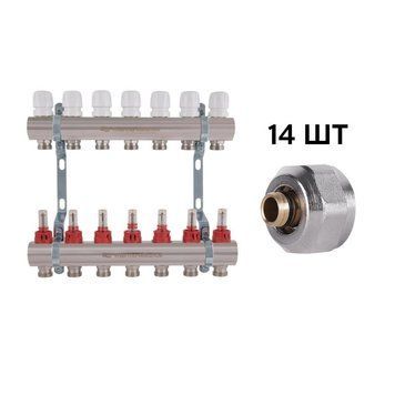 Комплект: Thermo Alliance Standart Колектор латунний з витратомірами 1"х7 SD235W7 + SD Євроконус 3/4''х16&times;2 SD346 SD00055012 фото