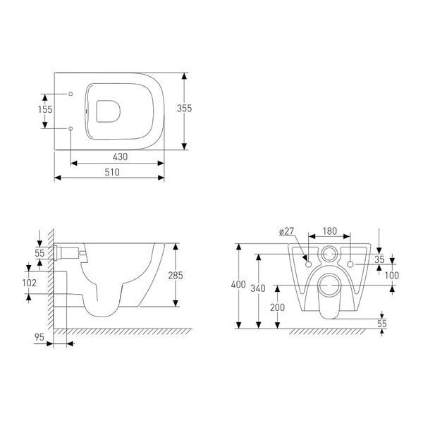 SOLO Rimless унитаз подвесной, сиденье жесткое Slim slow-closing 51*35,5*33 см, цвет черный мат 78961 фото