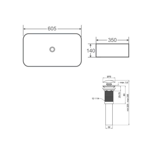 Комплект Qtap Tern: Раковина накладная прямоугольная 605x350x140 мм WHITE + Донный клапан PU02 SD00053428 фото