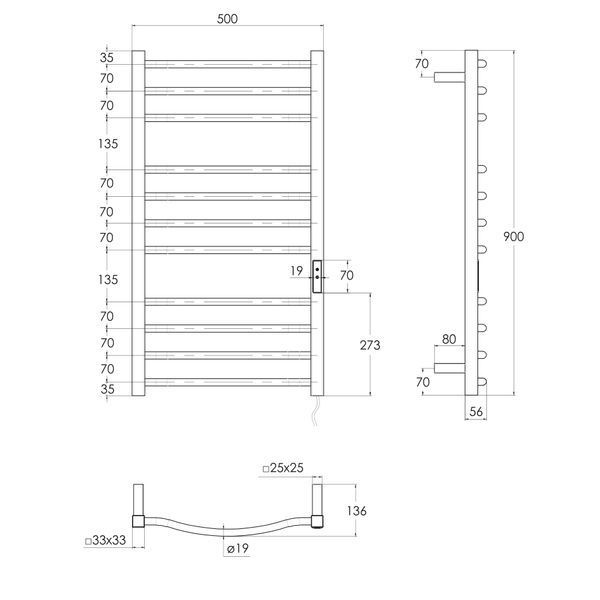 i-HEAT рушникосушарка електро, 120W, 500 * 900мм, AISI 304, 11п. (4-4-3) коло, стійки квадрат, таймер, терморегулятор, сталь сатин, лівий 80407 фото