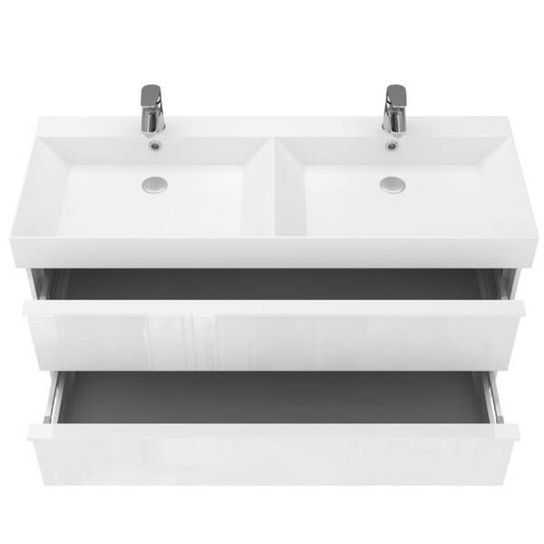 Тумба с раковиной на две чаши с сифонами Devit QUADRA 083120W, 120 см, белая глянцевая 550542 фото