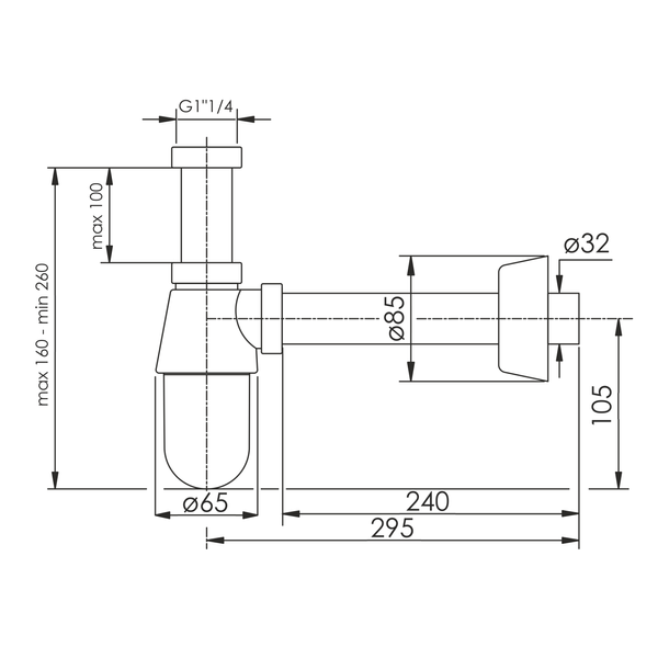 i-SEW Cифон до умивальника з накидною гайкою 1 1/4", пластик хром, пляшковий, зливна трубка d32х250 з розеткою 93389 фото