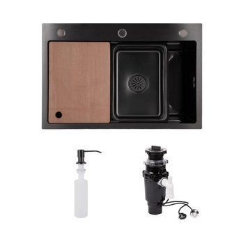Комплект Lidz: Handmade H6845B Мойка для кухни интегрированная Brushed Black PVD в комплекте с дозатором + Измельчитель длямойки Black SD00058653 фото