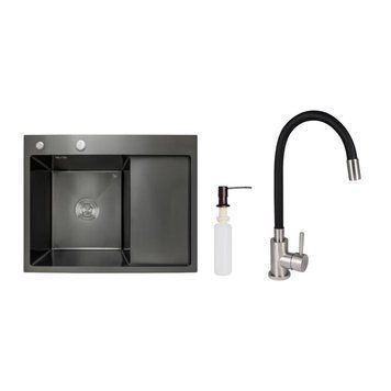 Акционный набор Lidz: мойка H6350BR интегрированная крыло справа Brushed Black PVD 3,0/1,0 мм + Смеситель Aria для кухни с гибким изливом (k35) Black SD00057372 фото