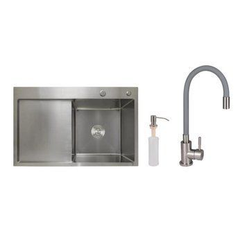 Акционный набор Lidz: мойка H7849L интегрированная крыло слева Brushed Steel 3,0/1,0 мм + Смеситель Aria для кухни с гибким изливом (k35) Grey SD00057373 фото