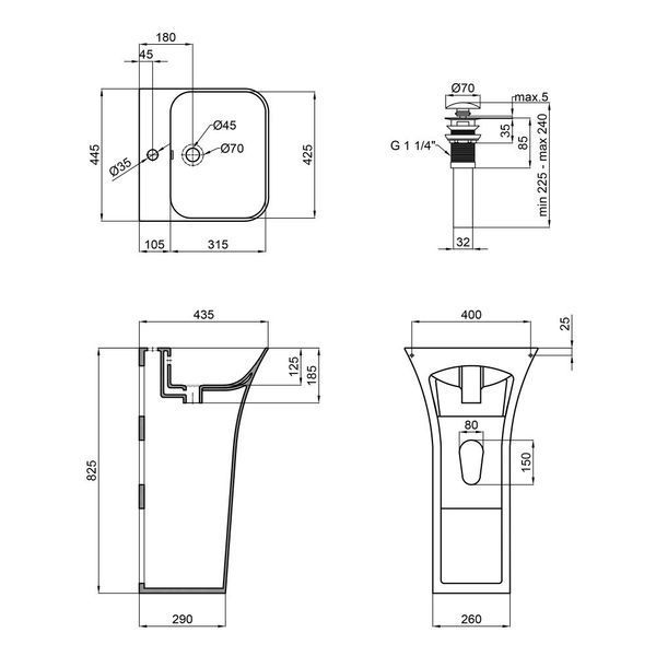 Комплект Qtap Crow: Раковина напольная моноблок 450x435x835 мм White + Донный клапан PU02O SD00053445 фото