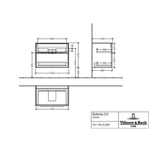 Тумба для раковины Villeroy & Boch Subway 3.0 C57400VR 80 см подвесная графит 503855 фото