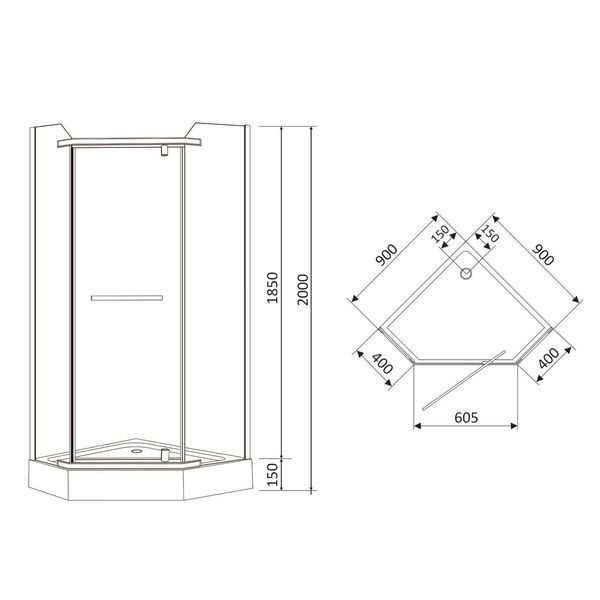 DUCT душ. кабiна 90*90*200 см, п`ятикутна, розпашна, скло прозоре, 8мм, з мiлким пiддоном 75681 фото
