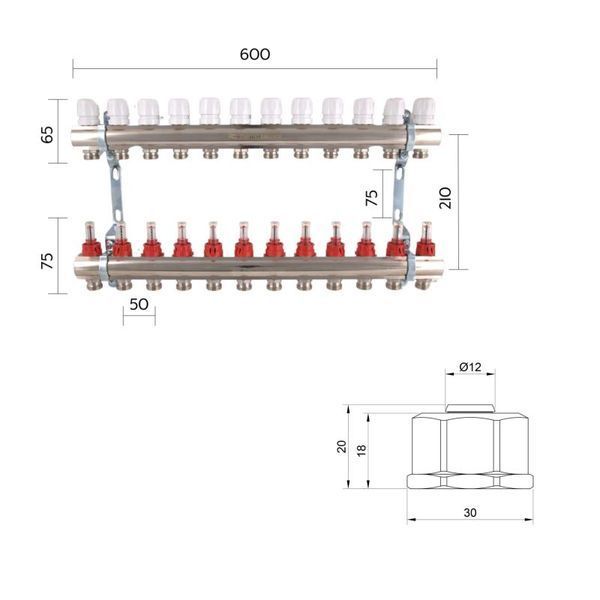 Комплект: Thermo Alliance Standart Колектор латунний з витратомірами 1"х12 SD235W12 + SD Євроконус 3/4''х16&times;2 SD346 SD00055017 фото