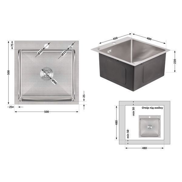 Мийка для кухні інтегрована Lidz Handmade H5050 (LDH5050BRU35375) Brushed Steel 3,0/1,0 мм SD00041479 фото