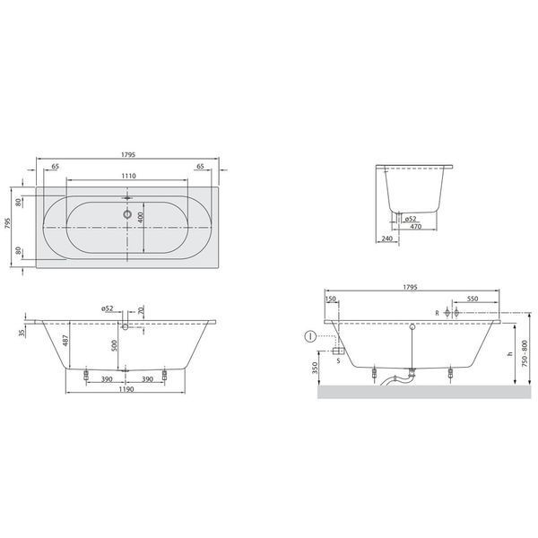 BA180CAS2V-01 O.NOVO/CASSANDRA Ванна 180х80см, білий (1 сорт) 223257 фото