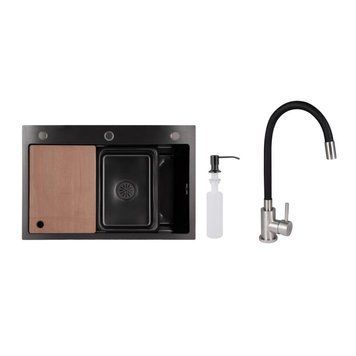 Акционный набор Lidz: мойка H6845 Blaсk PVD 3,0/1,0 мм + Смеситель Aria для кухни с гибким изливом (k35) Black SD00057385 фото