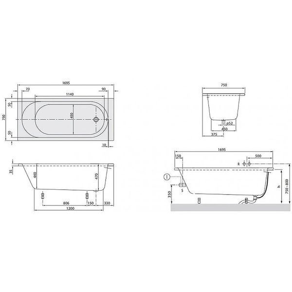 uBA170CAS2V-01 O.NOVO/CASSANDRA Ванна 170х75см (1 сорт) 223258 фото